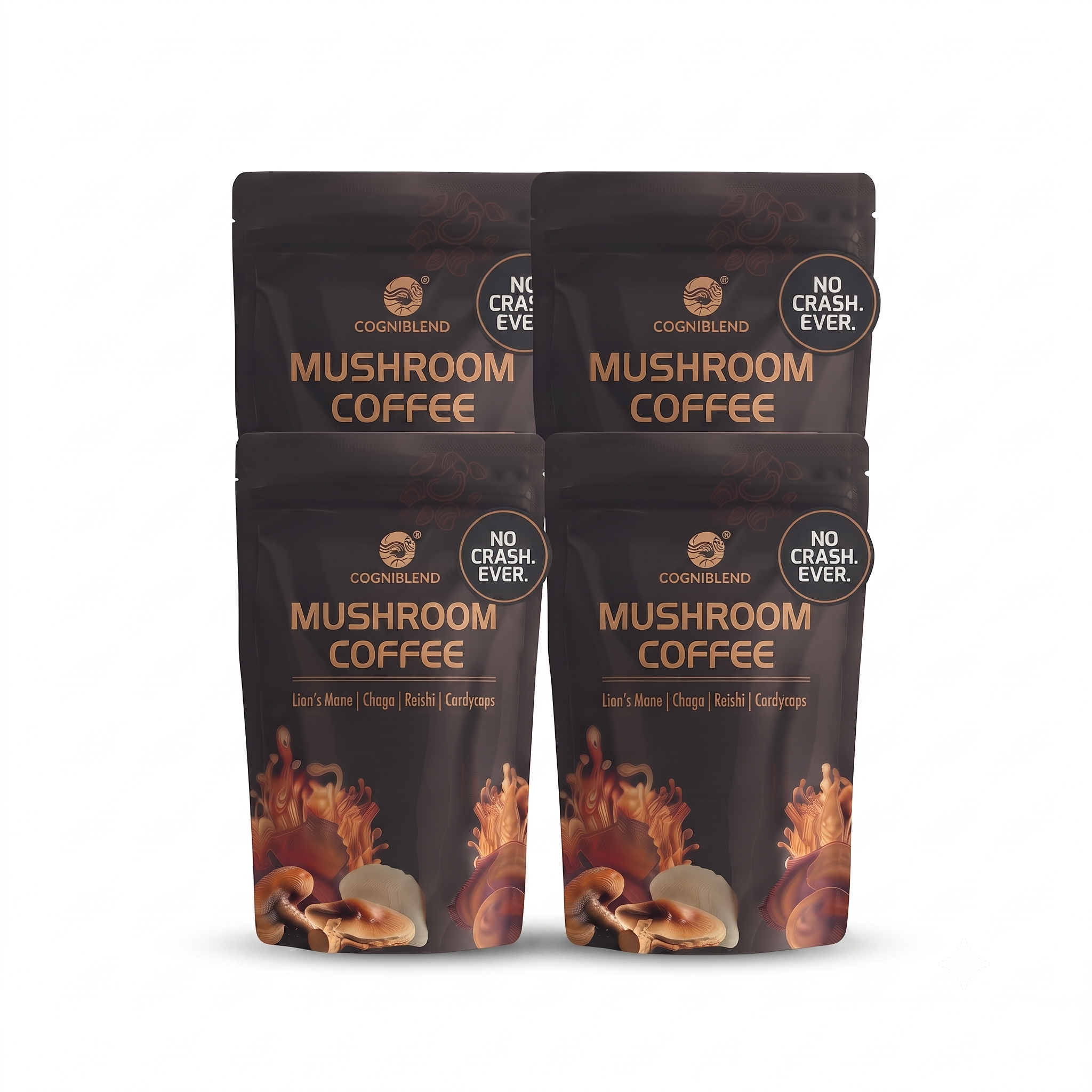CogniBlend Mushroom Coffee 4-bag pack (Best Value) with Lion's Mane, Chaga, Reishi and Cordyceps